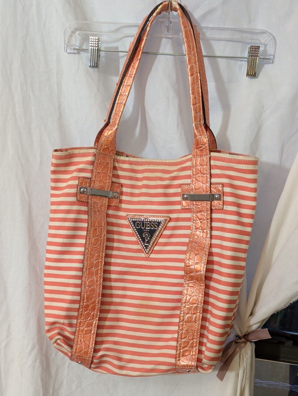 GUESS Peach and Cream Striped Tote with Croc-Texture Straps